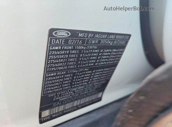 SALGS2VF0GA280954 2016 LAND ROVER RANGE White VIN կոդի պիտակի տեսք