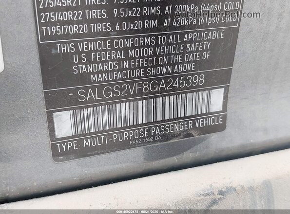 SALGS2VF8GA245398 2016 LAND ROVER RANGE ROVER Серый Вид подкапотного пространства