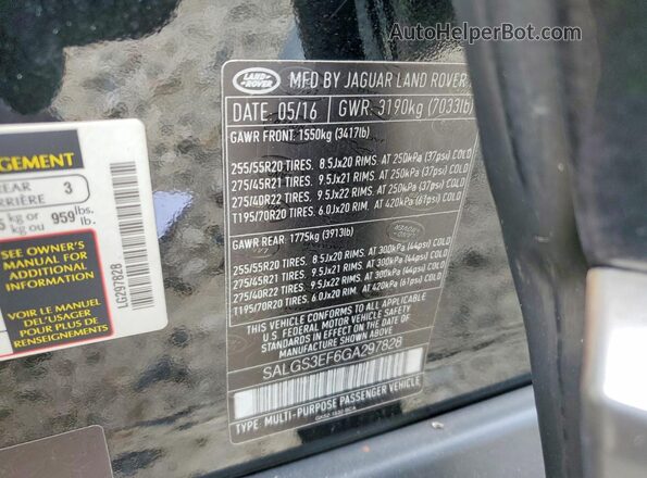SALGS3EF6GA297828 2016 LAND ROVER RANGE Black VIN კოდის სტიკერის ხედი
