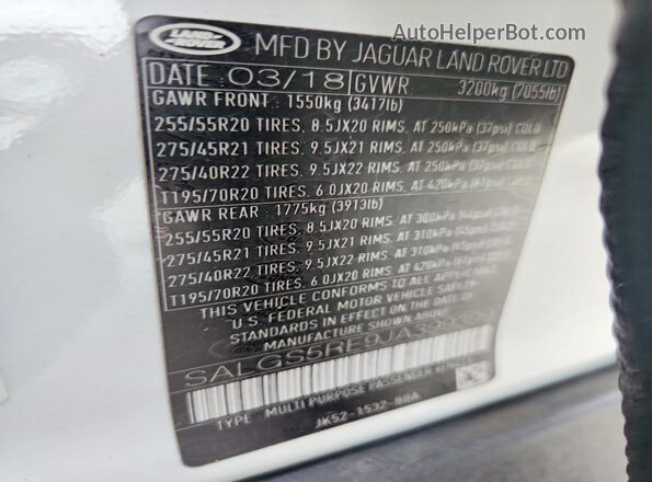 SALGS5RE9JA399399 2018 LAND ROVER RANGE White Панорамний вид салону 360°