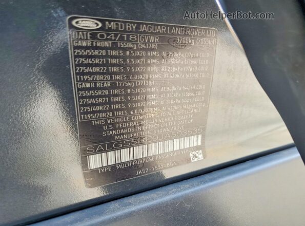 SALGS5RE9JA503535 2018 LAND ROVER RANGE Black Vista del compartimento del motor