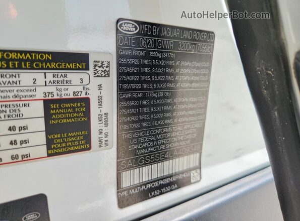 SALGS5SE4LA409348 2020 LAND ROVER RANGE Белый Вид наклейки с VIN-кодом