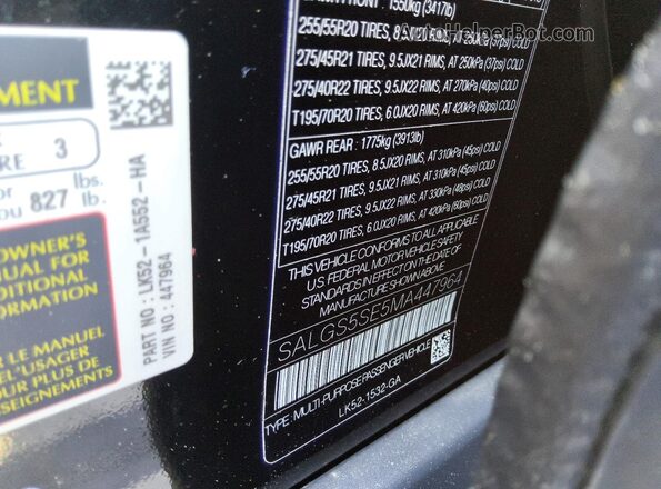 SALGS5SE5MA447964 2021 LAND ROVER RANGE Черный Вид наклейки с VIN-кодом