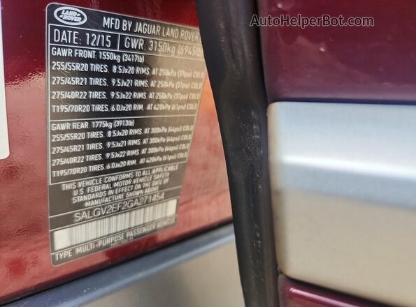 SALGV2EF2GA271454 2016 LAND ROVER RANGE Burgundy VIN კოდის სტიკერის ხედი