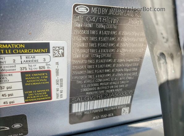 SALGV2RE2JA503320 2018 LAND ROVER RANGE Blue Вид наклейки з VIN-кодом