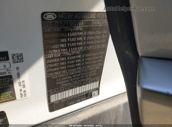 SALGV2RE2KA545116 2019 LAND ROVER RANGE ROVER White Շարժիչի բաժամունքի տեսք