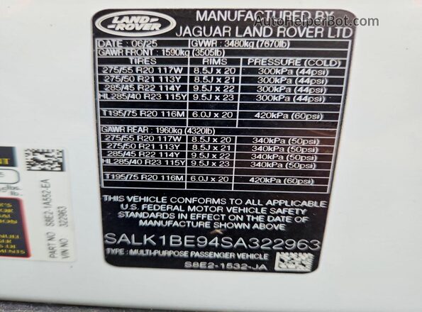 SALK1BE94SA322963 2025 LAND ROVER RANGE Белый Вид наклейки с VIN-кодом