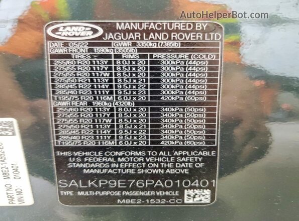 SALKP9E76PA010401 2023 LAND ROVER RANGE Green VIN კოდის სტიკერის ხედი