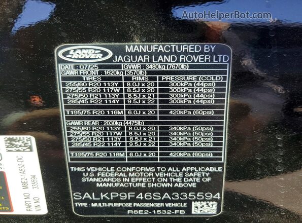 SALKP9F46SA335594 2025 LAND ROVER RANGE Black VIN კოდის სტიკერის ხედი