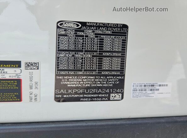 SALKP9FU2RA241240 2024 LAND ROVER RANGE White VIN კოდის სტიკერის ხედი