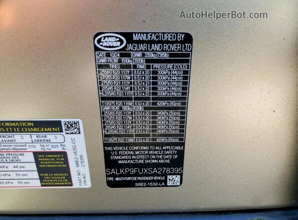 SALKP9FUXSA278395 2025 LAND ROVER RANGE Silver VIN sticker view