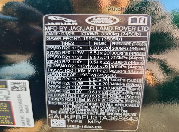 SALKPBFU3TA368643 2026 LAND ROVER RANGE Green Вид наклейки з VIN-кодом