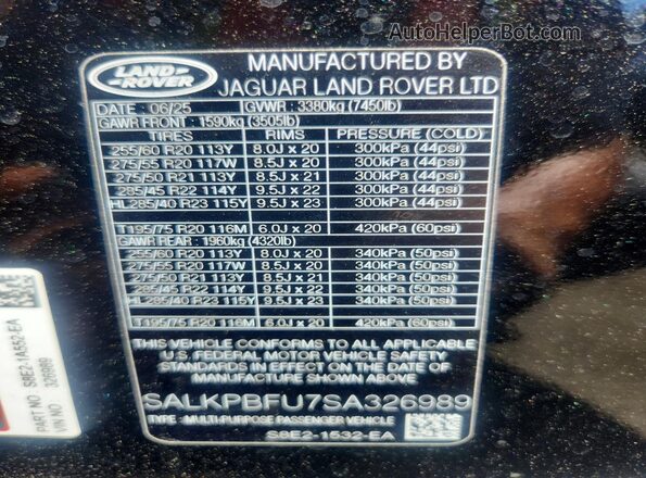 SALKPBFU7SA326989 2025 LAND ROVER RANGE Black Vista interior de 360 grados