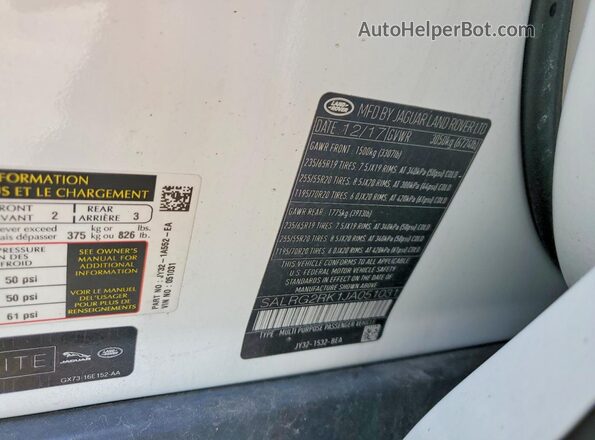 SALRG2RK1JA051031 2018 LAND ROVER DISCOVERY White VIN კოდის სტიკერის ხედი