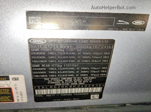 SALRG2RK8K2402836 2019 LAND ROVER DISCOVERY Silver Widok naklejki z numerem VIN