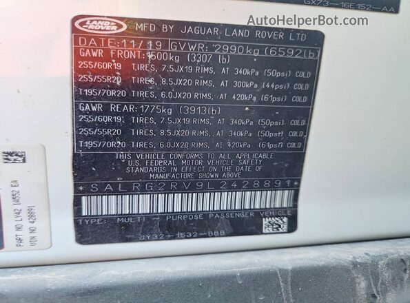 SALRG2RV9L2428891 2020 LAND ROVER DISCOVERY White Engine compartment view