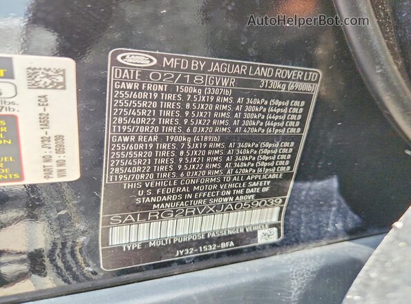 SALRG2RVXJA059039 2018 LAND ROVER DISCOVERY Черный Вид наклейки с VIN-кодом