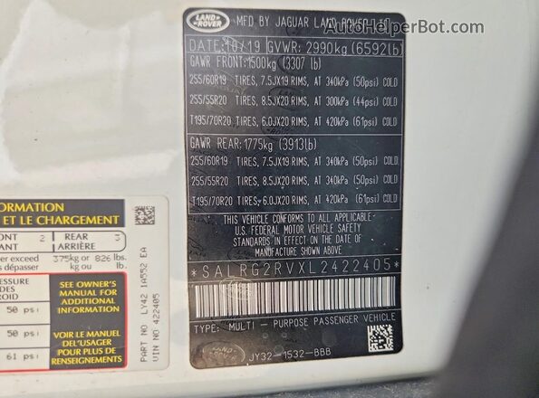 SALRG2RVXL2422405 2020 LAND ROVER DISCOVERY White Вид наклейки з VIN-кодом
