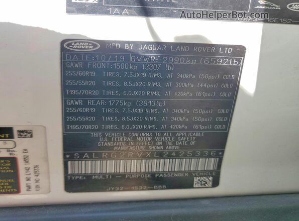 SALRG2RVXL2425336 2020 LAND ROVER DISCOVERY White Widok naklejki z numerem VIN