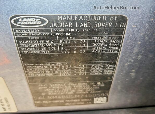 SALRM4RU5M2450593 2021 LAND ROVER DISCOVERY Blue VIN sticker view