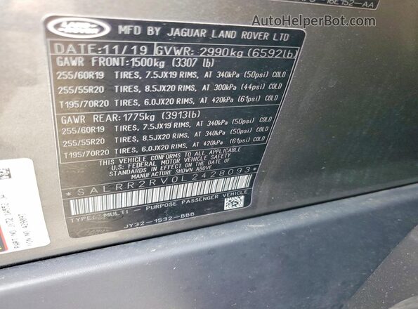 SALRR2RV0L2428093 2020 LAND ROVER DISCOVERY Gray Vista del compartimento del motor