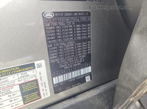 SALRR2RV1K2401984 2019 LAND ROVER DISCOVERY Gray Vista de la etiqueta del VIN