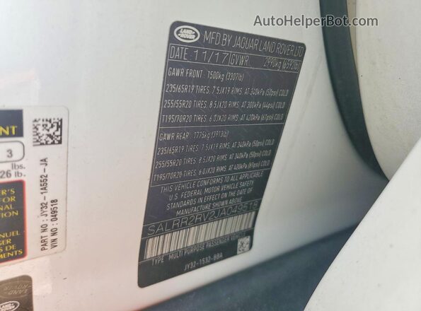 SALRR2RV2JA049518 2018 LAND ROVER DISCOVERY Белый Вид наклейки с VIN-кодом