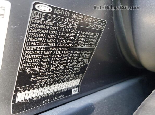 SALRR2RV2KA080009 2019 LAND ROVER DISCOVERY Gray Vista de la etiqueta del VIN