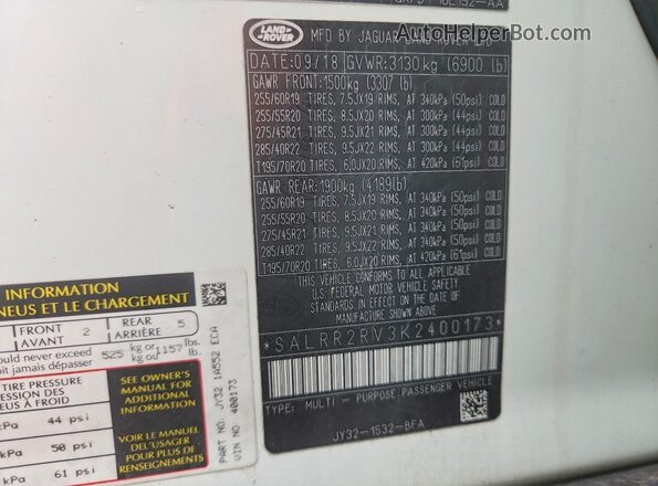 SALRR2RV3K2400173 2019 LAND ROVER DISCOVERY White Вид наклейки з VIN-кодом