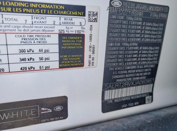 SALRT2RVXJA060851 2018 LAND ROVER DISCOVERY White VIN sticker view