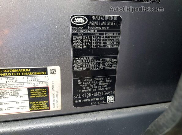 SALRT2RX0M2454648 2021 LAND ROVER DISCOVERY Silver Widok naklejki z numerem VIN