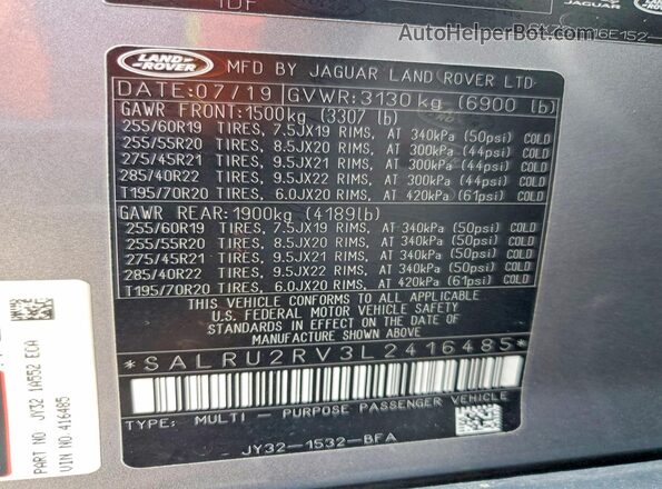 SALRU2RV3L2416485 2020 LAND ROVER DISCOVERY Gray Widok naklejki z numerem VIN