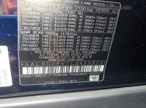 SALRU2RV7L2425920 2020 LAND ROVER DISCOVERY Blue VIN კოდის სტიკერის ხედი