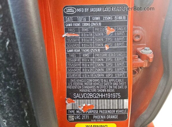 SALVD2BG2HH191975 2017 LAND ROVER RANGE Orange Vista de la etiqueta del VIN