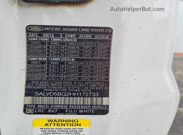 SALVD5BG2HH172733 2017 LAND ROVER RANGE White Widok wnętrza 360 stopni