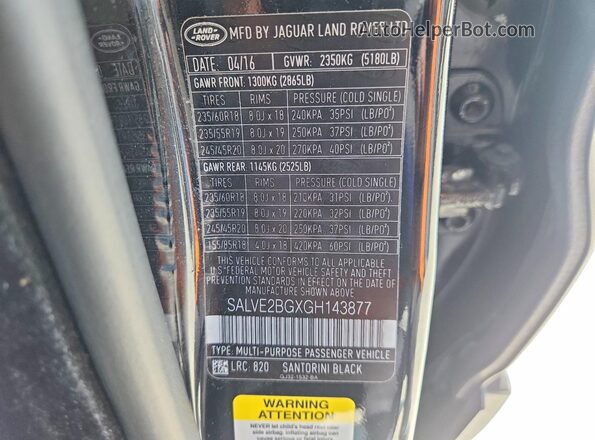 SALVE2BGXGH143877 2016 LAND ROVER RANGE Black VIN sticker view