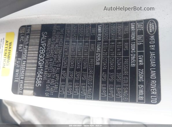 SALVP2BG0GH164585 2016 LAND ROVER RANGE ROVER EVOQUE Белый Вид подкапотного пространства