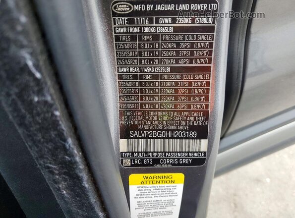 SALVP2BG0HH203189 2017 LAND ROVER RANGE Gray Widok wnętrza 360 stopni