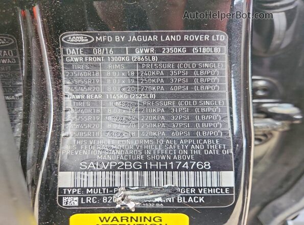 SALVP2BG1HH174768 2017 LAND ROVER RANGE Черный Вид наклейки с VIN-кодом
