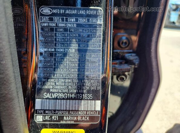 SALVP2BG1HH191635 2017 LAND ROVER RANGE Black Vista del compartimento del motor