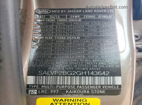 SALVP2BG2GH143642 2016 LAND ROVER RANGE Brown Widok naklejki z numerem VIN