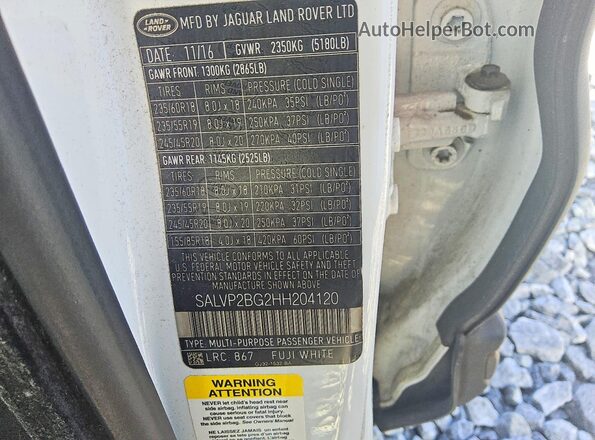SALVP2BG2HH204120 2017 LAND ROVER RANGE White Widok naklejki z numerem VIN