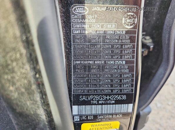 SALVP2BG3HH225638 2017 LAND ROVER RANGE Черный Панорамный вид салона 360°