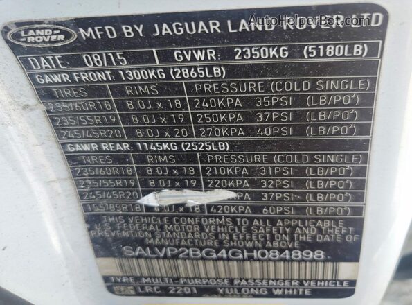 SALVP2BG4GH084898 2016 LAND ROVER RANGE White Սալոնի 360 աստիճան տեսք