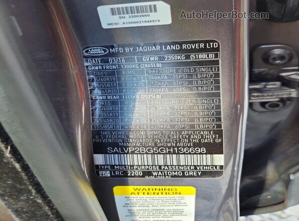 SALVP2BG5GH136698 2016 LAND ROVER RANGE ROVER Charcoal 