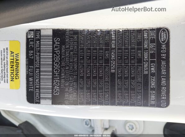 SALVP2BG6GH162453 2016 LAND ROVER RANGE ROVER EVOQUE White Vista del compartimento del motor