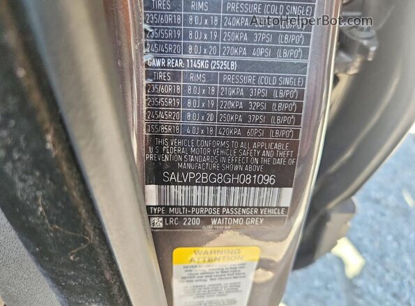 SALVP2BG8GH081096 2016 LAND ROVER RANGE Gray Widok wnętrza 360 stopni