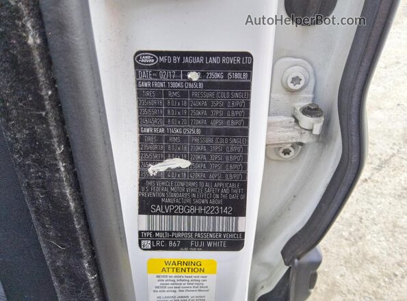 SALVP2BG8HH223142 2017 LAND ROVER RANGE White VIN კოდის სტიკერის ხედი
