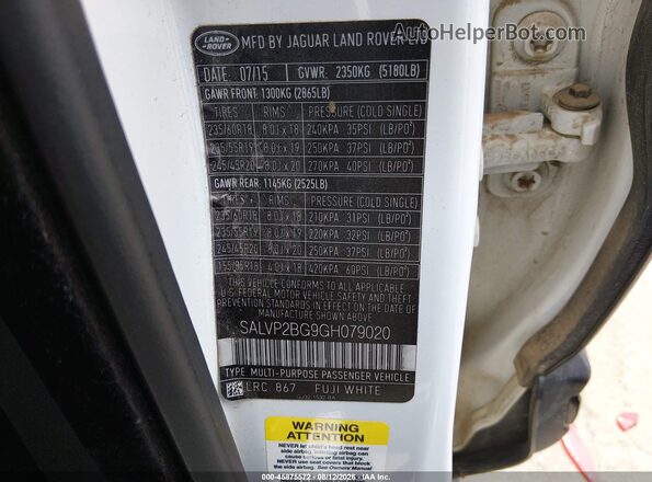 SALVP2BG9GH079020 2016 LAND ROVER RANGE ROVER EVOQUE White ძრავის განყოფილების ხედი