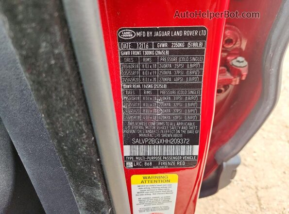 SALVP2BGXHH209372 2017 LAND ROVER RANGE Red Вид підкапотного простору
